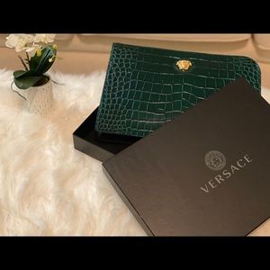 Versace green crocodile skin clutch purse wristlet